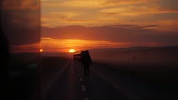 A modern cinematic video about heartbreak and separation. A lone person stands on an empty road at sunset while a train or caravan disappears into the distance. The scene is emotionally powerful, realistic, and visually elegant. Show modern symbolic imagery: reflections in glass, a phone screen lighting up with an unanswered message, a floating dust cloud, a broken mirror, and a silhouette walking away through soft fog. Use dramatic camera movement, shallow depth of field, emotional close-ups,