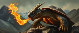 pin hole cam, master oil painting by Rembrandt, good afternoon turtle dragon with fire breath against camera, in mountain pass