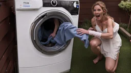 married couple drains water out of household washing machine