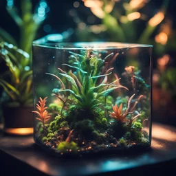 close up of strange glowing alien plant in a glass square terrarium with other vegetation, sharp focus, high contrast, dark tone, bright vibrant colors, cinematic masterpiece, shallow depth of field, bokeh, sparks, glitter, 16k resolution, photorealistic, intricate details, dramatic natural lighting