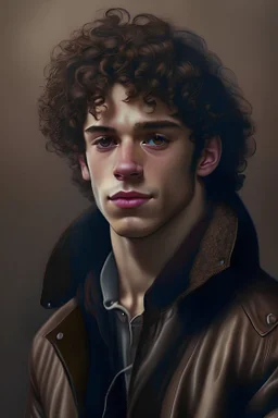 Beautiful man,20 years old, brown curly hair, wearing fitted jacket