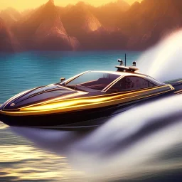 A beautiful speedboat in a beautiful lake, 4K, 8K, 16K, 3D, crazy details.