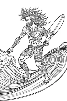 Outline art for coloring page OF A BUFF NATIVE SURFER WITH BIG CURLY KINKY HAIR WEARING SHORTS RIDING A SURFBOARD ON A WAVE; THE SURFER'S FACE IS COVERED BY HIS HAIR, coloring page, white background, Sketch style, only use outline, clean line art, white background, no shadows, no shading, no color, clear