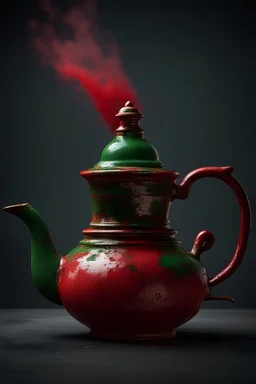 a single Moroccan teapot in the center 4k, exploding with red and green paint and splashes on a dark background.