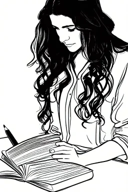 Pencil sketch of Young woman, Arab features,sad, long wavy hair, reading a book, full body، on lined paper