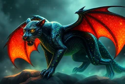 A panther with shimmering dragon scary ,cool wings