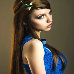 sourceress girl, beautiful, model, blue intricate lace dress, elf like, hands in her hairs, holding a wand, high definition, cinematic, avatar