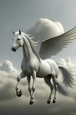 white horse with wings , ears rubbit standing on cloud