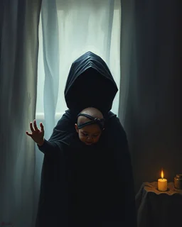 Bosch painting style ,nightmare, shadow of Scary hooded dark creature behind a baby in the crepe in dim light baby room