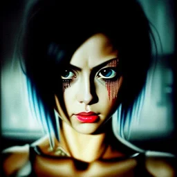 portrait oil on canvas, beautiful punk busty female Alita Battle Angel, intense stare, sad glowing eyes, post-apocalyptic in a cyberpunk city,minimal skintight latex dress, bladerunner movie poster, realistic, intriacte detail,rainy, sci-fi fantasy style, masterpiece, volumetric lighting, particles, highly detailed ,cinamatic , deep colours,8k, in the style of Kaare Andrew