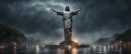 Hyper Realistic apocalyptic haunted view of The statue of Christ the Redeemer at dark rainy night