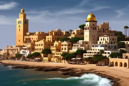 image taken of jaffa, by the sea shore, old stunning buildings, 4k, masterpice, award wining picture, realistic, higly detailed, in style of city of numemor from lord of the rings,