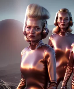 Ultra Realistic retro sci-fi movie scene, waist up view portrait, 3 clones blonde women, sweet young Kate moss face, perfect iris, glow eyes, face makeup. Mars and martians background, Retro sci-fi style, helmet, tight latex coat, fog, rain, soft color, highly detailed, unreal engine 5, ray tracing, RTX, lumen lighting, ultra detail, volumetric lighting, 3d, finely drawn, high definition, high resolution.