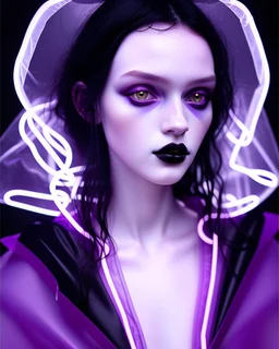 painting by koson ohara and marta bevacqua, portrait of a beautiful goth woman with long black hair, wearing a plastic raincoat, purple neon lighting, 8k, high quality, highly detailed