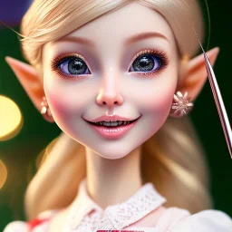 close up on elf as dollie deluxe, bright eyes, post card, toy train, two big front teeth, skin imperfection, worn