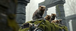 close up on bad ass Owlbears badgers beavers overlord on stone age overgrown lorry with some kobolds, hyperrealism, motion blur background with black stone pillars as frame