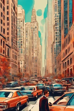 ville bondé de chicago avec de gros et long building imposant. personnes marchant et en voitures de luxe.coloré style peinture