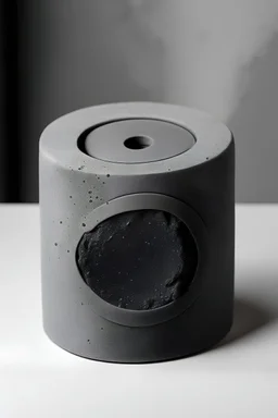 dark gray round liquid soap package, made of concrete, one side folded
