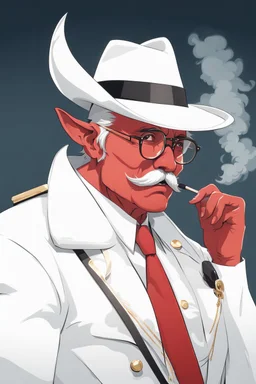 An old very red crimson devil wearing a white and gold police comisioner outfit, he is also wearing glasses, he has a white scruffy mustache, and a small black fedora, he is also smoking a cig.