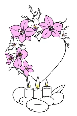 outline art for visually rich appealing heart in orchids plumeria rounded stones candles, ikebana style, coloring page for kids, white background, fit to page, only use outline, clean line art, no shadows, clear and well outlined