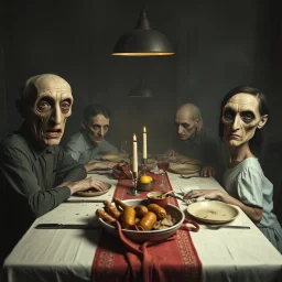Photo of a family sitting at the dinner table. Hypermaximalist, grime, shadow, fog, unsettling, antique, old, liminal, odd, uncanny, transformational, interesting, rift, cryptic, low-fidelity, unreal, deserted, abstracted, twins, ambiguous, surreal, jaws, elongated, oblong, undulating, mouths, eyes, eerie
