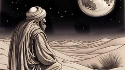 Drawing of a Bedouin man looking at the moon in the desert