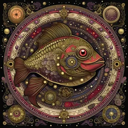 Create an image of two ornate, mechanical fish with intricate patterns on their scales, forming a perfect circle by aligning head to tail. They are surrounded by a decorative border featuring astrological symbols and filigree, with a rich background of a cosmic sky filled with stars, nebulae, and distant galaxies. The color palette should be warm with deep reds, golds, and touches of celestial blue. Each fish should possess a whimsical yet elegant look, with flowing fins and tails that blend sea