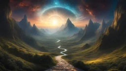 of an impossible landscape with a infinite multi dimension portal, a beautiful ultradetailed matte painting a lush mountain range at dusk by tomasz alen kopera and Justin Gerard and Dan Mumford, tarot card, dazzling energy, ultra wide angle shot, high angle shot, intricate, fractal magic, rays of god, hyperdetailed, micro details, volumetric lighting, 8k, ray tracing, polarized lens