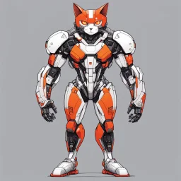 a technical drawing of a cybernetic manga cat man, red, white, black and Orange color, full body