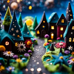 Detailed close-up street made of modeling clay and felt, village, stars, galaxy and planets, fairy, sun, volumetric light, Max Ernst, flowers, naïve, Tim Burton, strong texture, extreme detail, Yves Tanguy, decal, rich moody colors, sparkles, Harry Potter, bokeh, odd