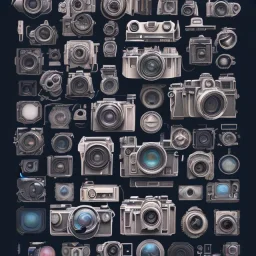 components of the camera laid out flat. poster design. high detailed. oil on canvas.