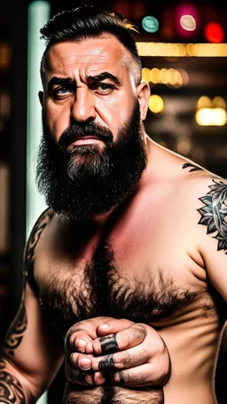 full figure photography of a turkish barman serving coffee, 62 years old, strong chubby man , bearded, in vest, shaved hairs, tattoo, serious eyes, photorealistic, Canon EOS, hyper-realistic, very detailed, emotive eyes, natural colours, sunlight