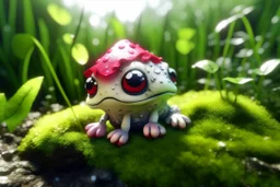 3D close-up of a very cute fluffy plushy chibi plush frog hiding from the rain under a red white spotted mushroom in the forest, puddles in front, grass and violets next to him, 3d effect melting watercolour on wet inked paper, black ink outline in sunshine, ethereal, cinematic postprocessing