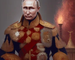 evil Russia president Vladimir Putin satan with fangs , Moscow in fire