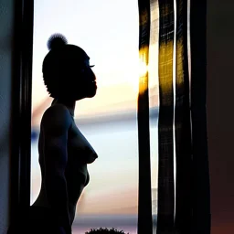 A silhouette of a sensual tender girl longing for a kiss, looking at the sunset from the window that creates her shadow.