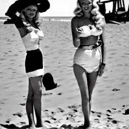 Brigitte Bardot on the beach in a 1940's style retro outfit. Paparazzi taking photos