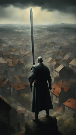 Bosch nightmares paining style Title:a giant man looks like a hero holding a big sword , atop view of a village , 8k artistic photography, photorealistic concept art, soft natural volumetric cinematic perfect light, chiaroscuro, award-winning photograph, masterpiece, oil on canvas, Raphael, Caravaggio, Greg Rutkowski, people, beksinski, Giger