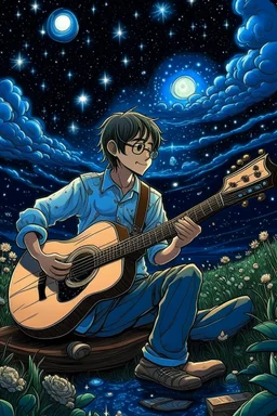 Under a starry night sky, the girl with glasses strums his guitar, his music echoing in the peaceful ambience of the Ghibli style anime night, intricately hand-drawn for a magical effect.