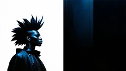 split image; left image: acrylic minimal painting of an african cyberpunk wizard with mohawk hairdo; right image: shadows cast on wall of black glass slabs; overheat, dramatic, cinematic, sudden jolt dynamics, cyberpunk wear, afro-futurism, sharp shadows, harsh contrasts, great verticals, great parallels, great reflections, unsettling shadows, surreal futurist architecture art, surreal liminal space, tribal style, tribal vibe, tribal patterns, vivid black colors