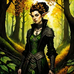 create an oil and watercolor full body portrait of a goth punk forest elf enchantress fantasy art character, with highly detailed, sharply lined facial features, in the deep forest of Brokilon , finely inked, soft autumnal colors, 4k in the style of Maxfield Parrish