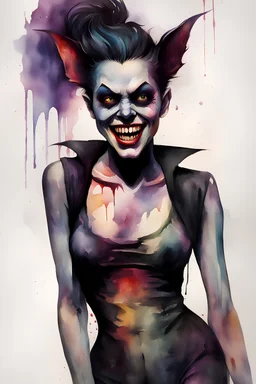 a multicolored, watercolor stained, wall in the background, inspired by all the works of art in the world - laughing - Millie "The Bat" Miller, an extremely tiny, thin, voluptuous beautiful mickey mouse-faced vampire werewolf zombie female with a black mohawk, full body image, wearing a skinsuit, Absolute Reality, Reality engine, Realistic stock photo 1080p, 32k UHD, Hyper realistic, photorealistic, well-shaped, perfect figure,