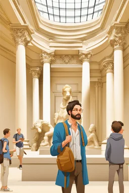 Show David in a role reversal situation, such as him being a tourist admiring other famous artworks or statues in a museum, with a guidebook in hand.