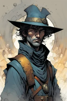 create a portrait of a young Grey Mouser, Ill met in lankhmar in the graphic novel style of Bill Sienkiewicz and Jean Giraud Moebius, and Mike Mignola, highly detailed facial features, grainy, gritty textures, foreboding, otherworldly and ethereal