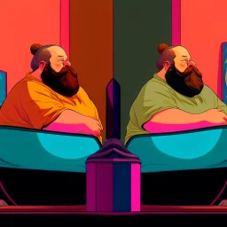 comicbook, 2 panels, a fat, bearded man watching tv in one, a side angle view of the tv in the other