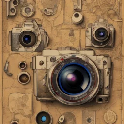 components of the camera laid out flat. poster design. high detailed. oil on canvas.