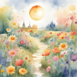 Create a charming and whimsical children's illustration in a watercolour style featuring a garden full of flowers, a prairie with a big bright sun brightening up the whole scene. The scene should evoke a sense of magic and playfulness, making it an enchanting visual for young readers. Emphasize vibrant colors and an overall delightful atmosphere. Let the illustration capture the imagination, making it a perfect addition to a children's book or any playful setting.