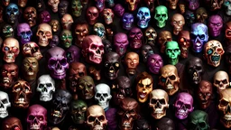 a picture of a dark, comedic, anatomically correct wall of colorful tightly packed skulls of varying sizes and expressions, photo realistic, insanely meticulous, highly detailed, part of a collection of bones on display, 64k, dystopian, vray