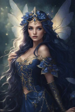 Midnight blue,Dark blue hair,night,dark fairy princess ,elven crown,elven ears,sparkle,glitter,lillies of the valley,gold armor,dragonflies,rapunzel hair