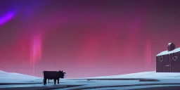 Small lonely cattle farm in a bleak cold land, desolate, snowy, northern lights, mountains in horizon