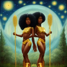 Biologically Female African American Twins, black skin, tall and slender, long afro kinky hair,big brown eyes, long eyelashes warrior wear. Big butts. Gold accents on clothing. Surround by trees. Holding golden spears. Starry night